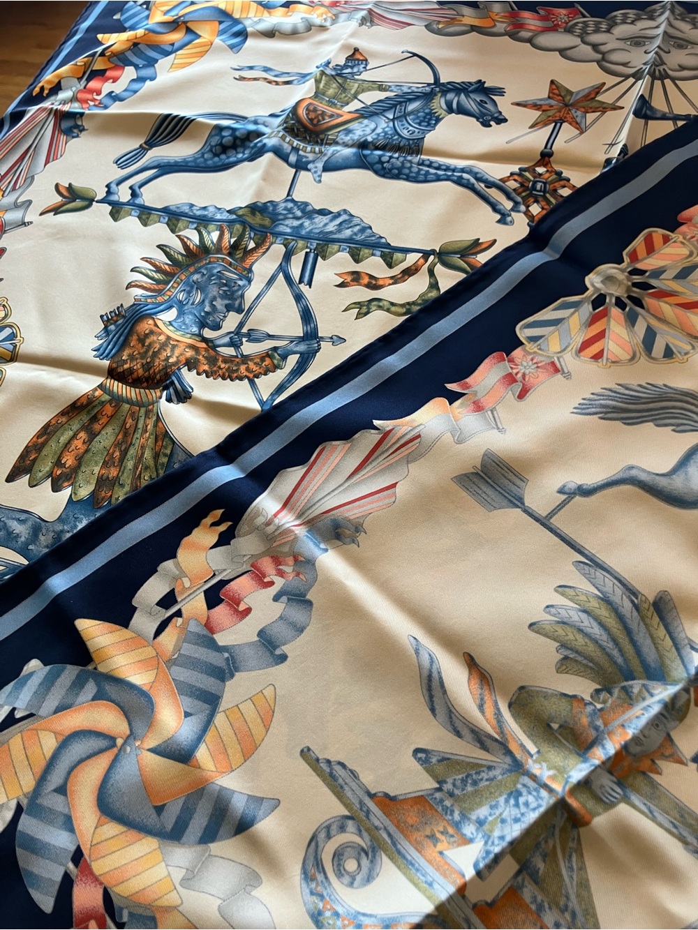 Hermes Blue and Cream Silk Scarf with Carousel Horse Motif - Picture 5 of 11